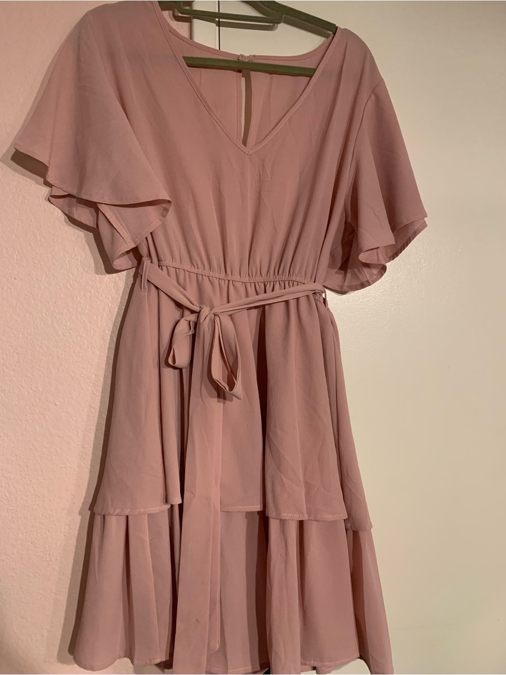Women's Dusty Rose Tiered V-Neck Dress with Tie Waist